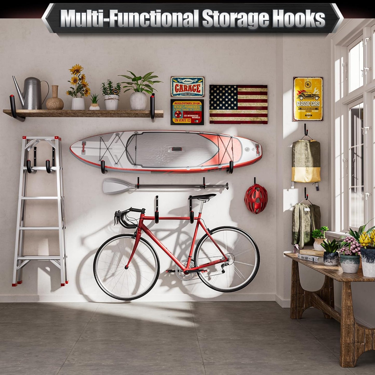 Nacial 20 Pack Garage Hooks Heavy Duty, 9.8" & 3.5" Garage Wall Hook with EVA Pads, 100LBS Capacity Hooks for Hanging Bikes, Kayak Folding Chairs and Hanging Ladders