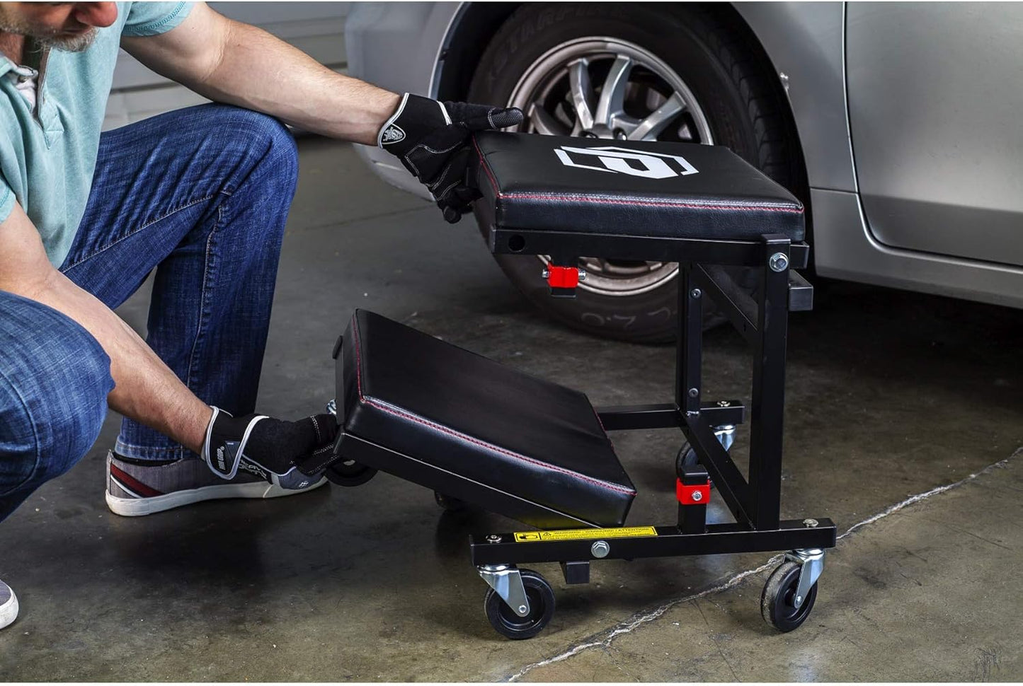 Powerbuilt 2-in-1 Rolling Creeper Seat Converts from High to Low Roller Seat, Fast, Tool-Free Conversion, Garage, Shop, Brake Jobs, Washing, Detailing, Maintenance, Thick Pad, 3-in. Casters - 240298