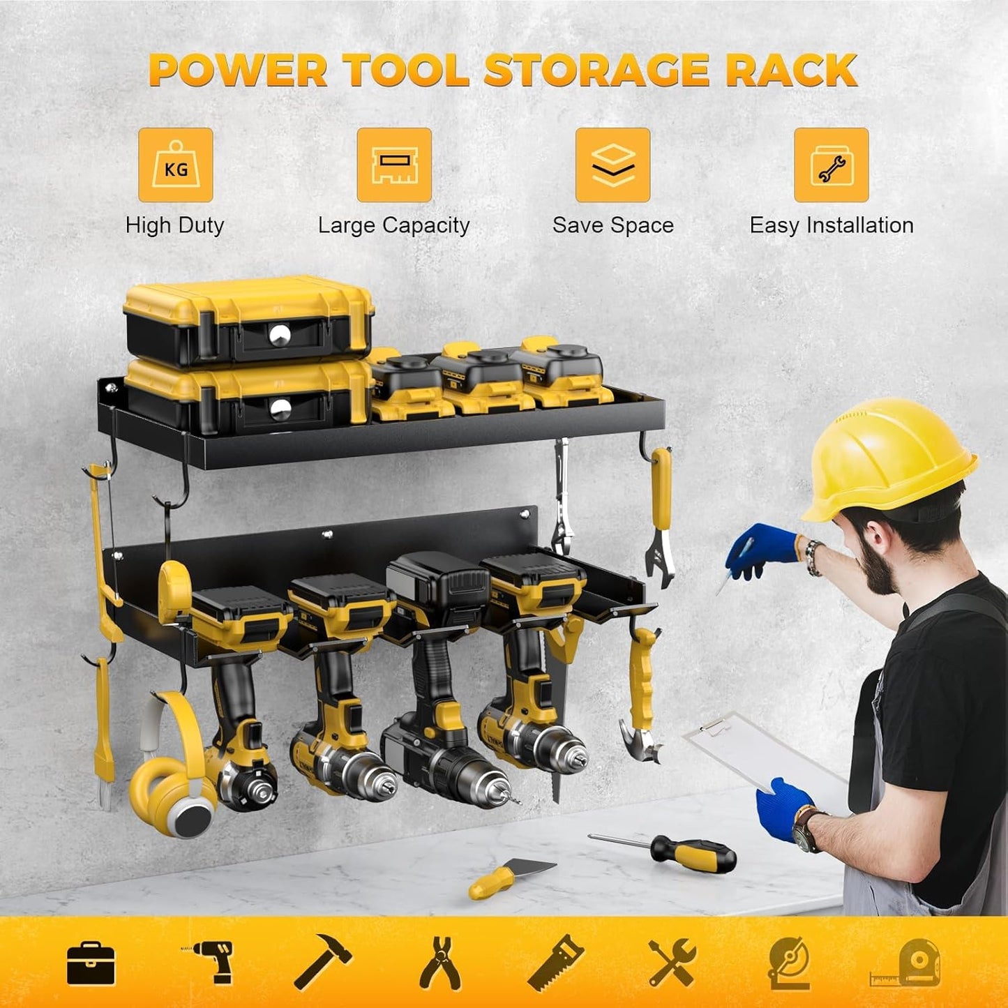 Power Tool Organizer Wall Mount with 4 Drill Holder, Formed Integrally Heavy Duty Garage Tool Organizers and Storage with Hooks for Battery, Tool Box, Screwdriver, Plier and Hammers Gifts for Men