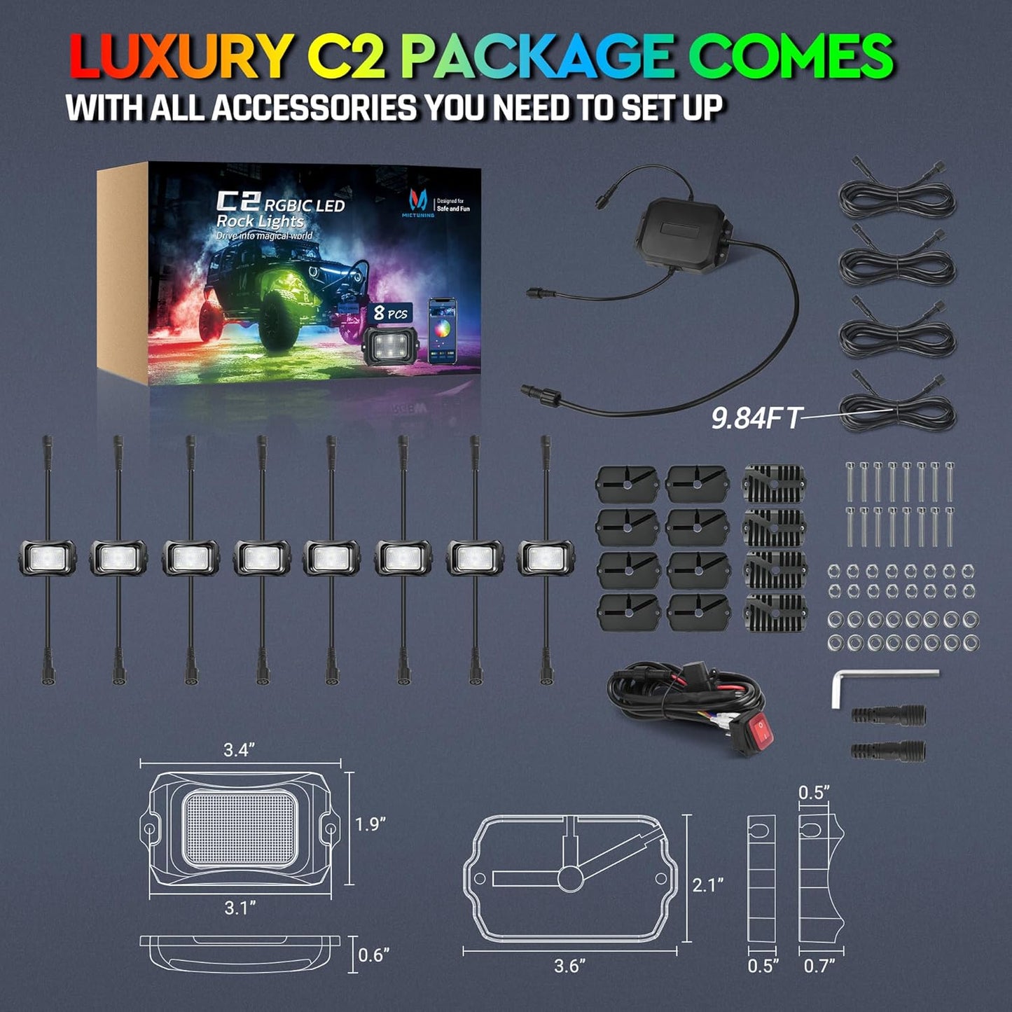 MICTUNING C2 Max RGB+IC Chasing Color LED Rock Lights - 8 Pods Underglow Lighting Kit, Dynamic Lighting Modes, Extensible Up to 24 Pods with Stable APP Control, IP68 Waterproof, DIY Effect