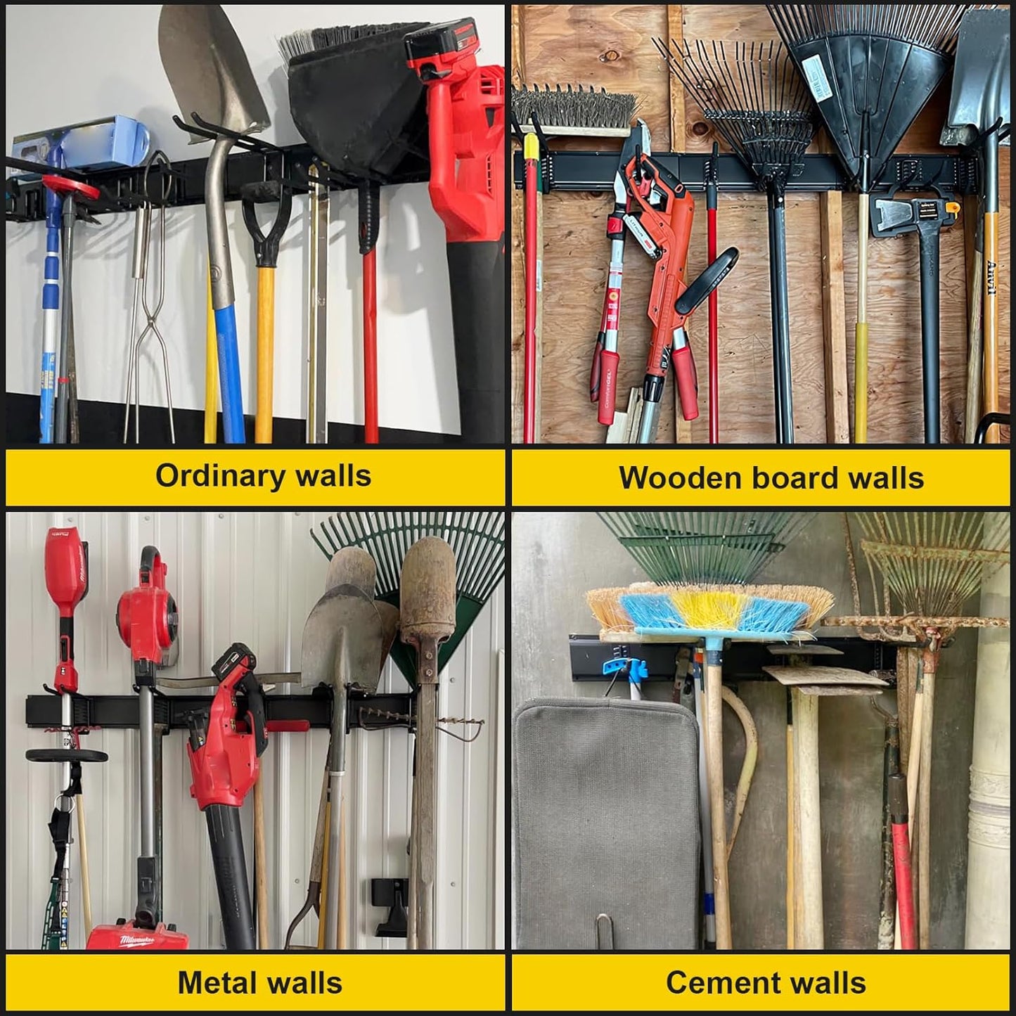 Garage Tool Organizer Wall Mount, 64 Inches Garden Tool Organizer with Adjustable Hooks, Metal Garage Storage Rack Max Loading 620lbs, Tool Holder for Hanging Rake Broom Mop Snowboard