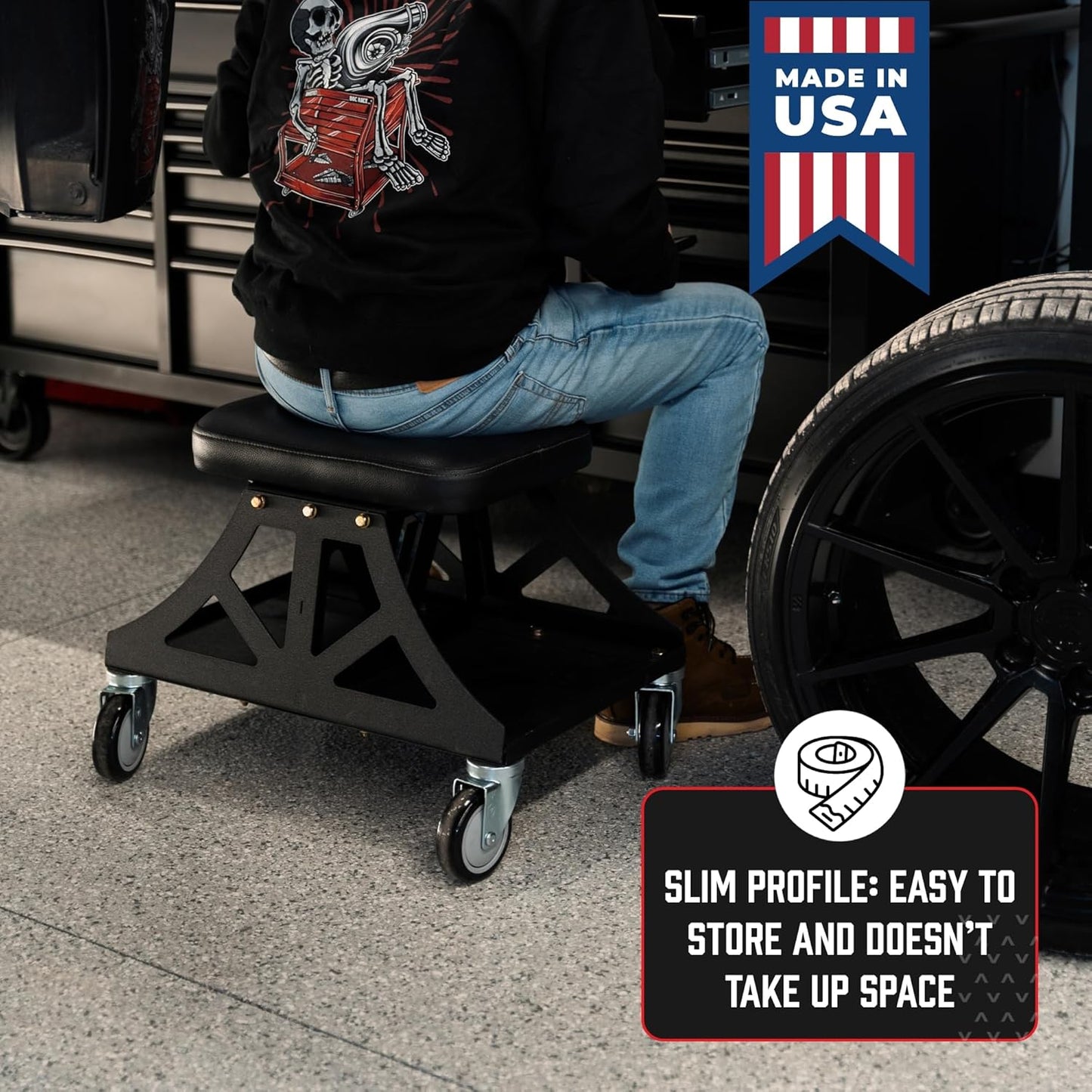 Vyper Low Pro Garage Stool with Removable Seat for Mechanics, Automotive, DIY - 400 lb Capacity Rolling Shop Chair (Black Seat, Red Frame)