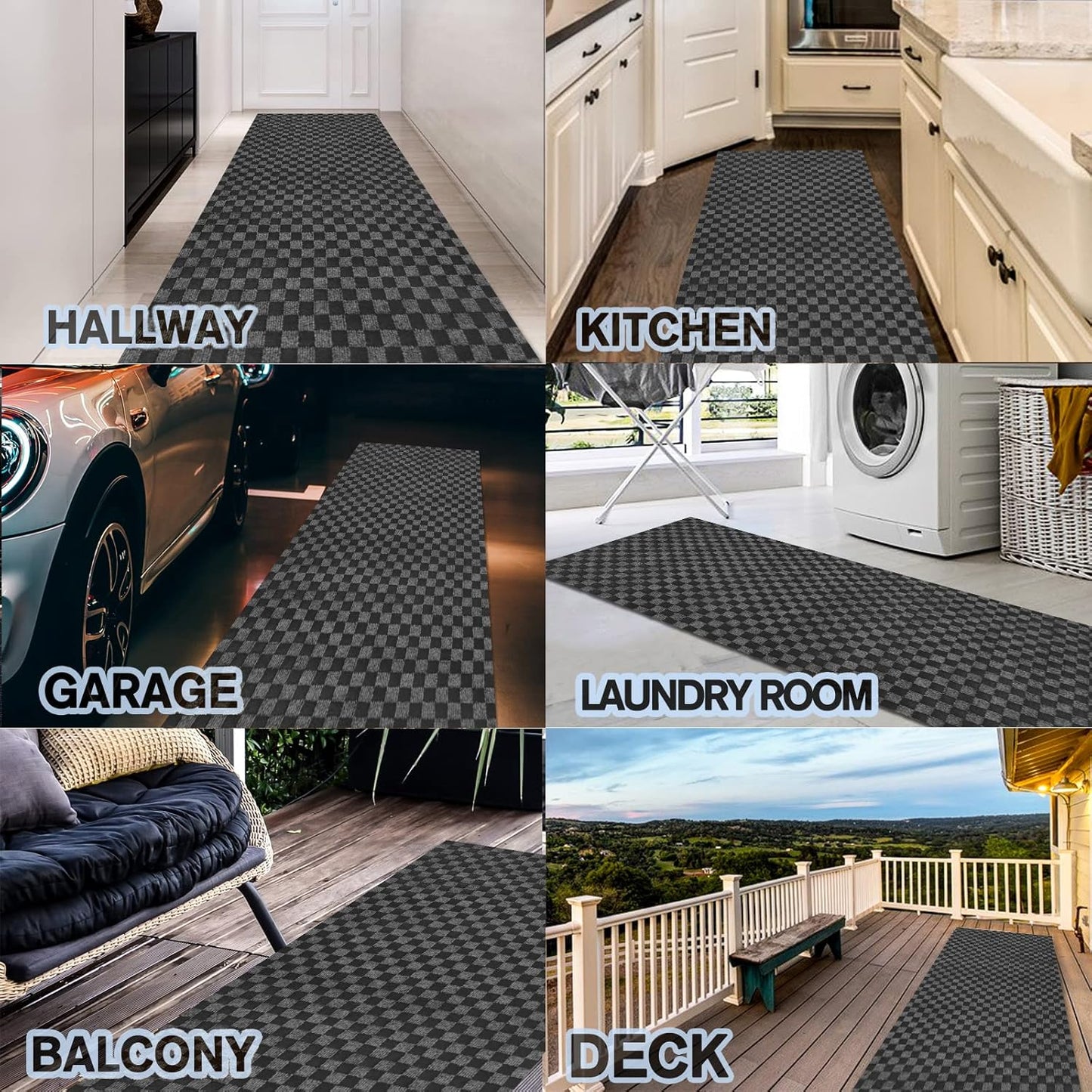 Custom Size Backed Non-Slip Area Rugs Runner, Easy Clean, Waterproof Runner Rugs for Hallway Entryway, Kitchen, Laundry, 4FT x 20FT, Gray Checkered