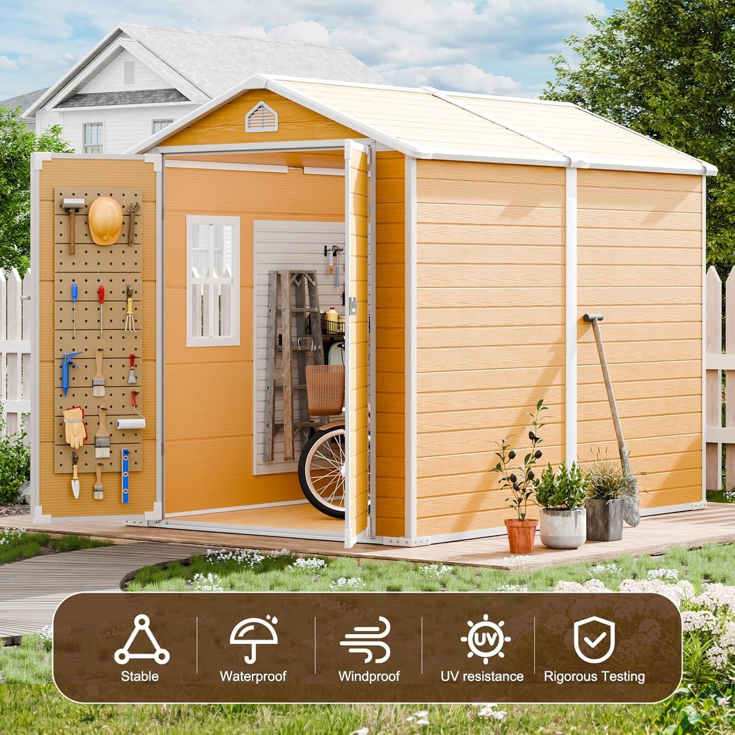 8x6 FT Resin Storage Shed, Waterproof Outdoor Shed w/Floor Included, 2 Windows, Double Lockable Doors & Vents,Outside Plastic Tool Sheds for Garden, Lawn, Backyard, Wood-Grain Brown