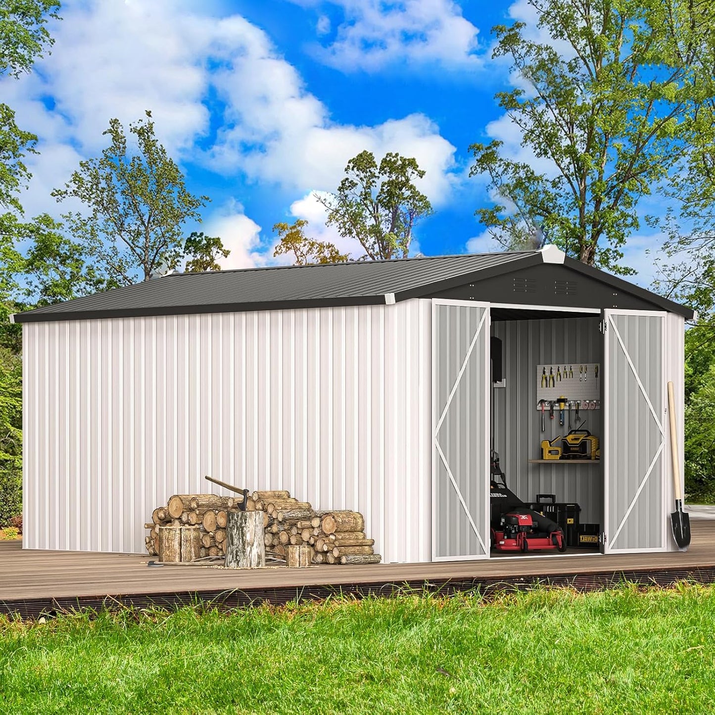 AECOJOY 10' x 14' Outdoor Storage Shed, 14x10 Large Metal Sheds & Outdoor Storage Clearance with Lockable Doors, Utility and Tool Storage Garden Shed for Backyard, Patio and Outside use