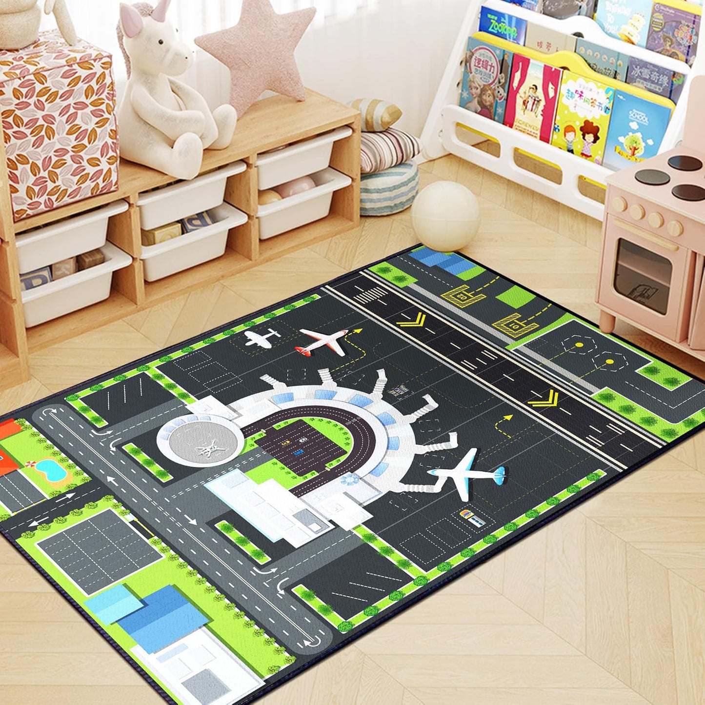 Play Rug for Playroom 3x4 Airport Carpet for Boys Bedroom with Combined City Road Traffic System Aircraft Runway Playmat Rugs Carpet Non-Slip Washable Area Mat
