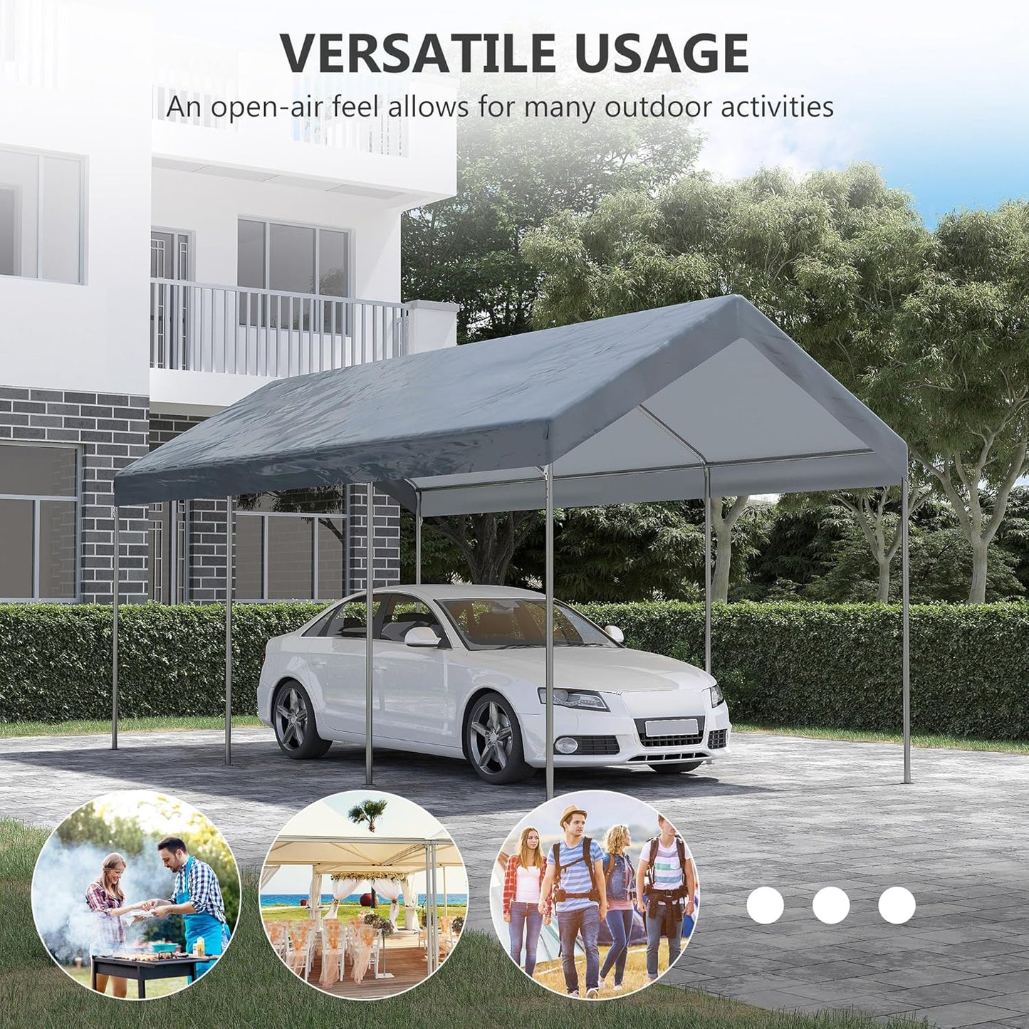 Outsunny 10' x 20' Party Tent and Carport, Height Adjustable Portable Garage, Outdoor Canopy Tent 8 Legs Without Sidewalls for Car, Truck, Boat, Motorcycle, Bike, Garden Tools, Gray