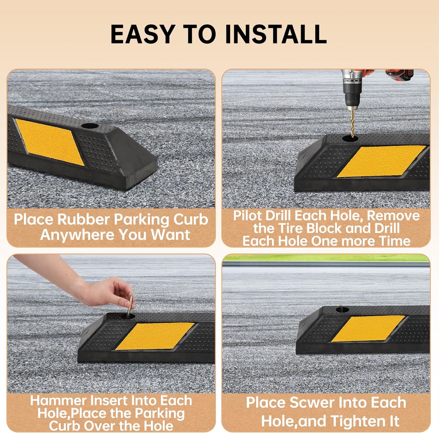 Pack of 1-72" Parking Stoppers for Garage, Heavy Duty Rubber Parking Curb with Reflective Stripe, Garage Floor Wheel Stopper for Car Vehicles Truck, Installation Kit Included