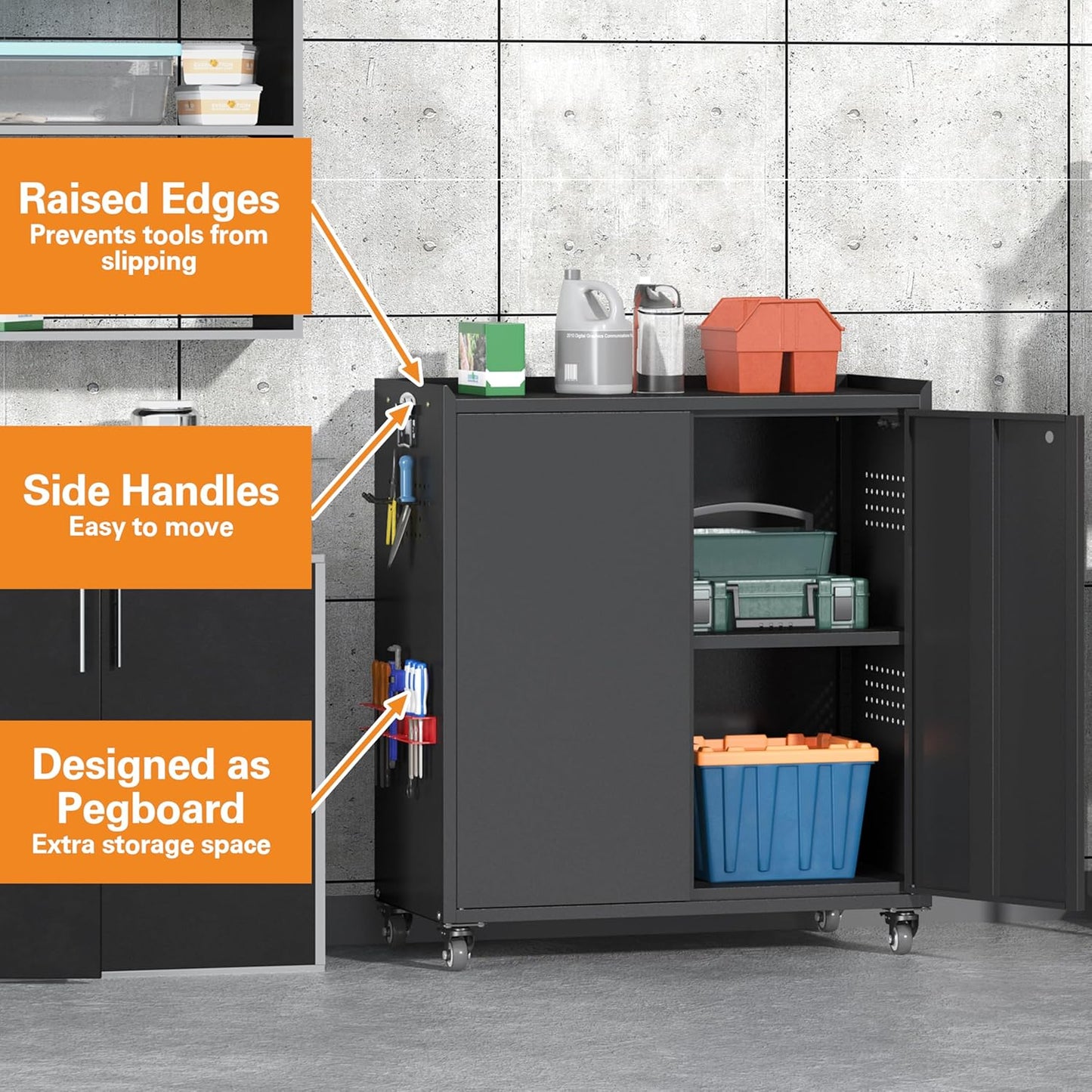 34" Metal Garage Storage Cabinet with Wheels, Adjustable Rolling Tool Storage Cabinet with Lock, Steel Locking Tool Cabinet with Doors and Shelves for Garage, Warehouse(Black)