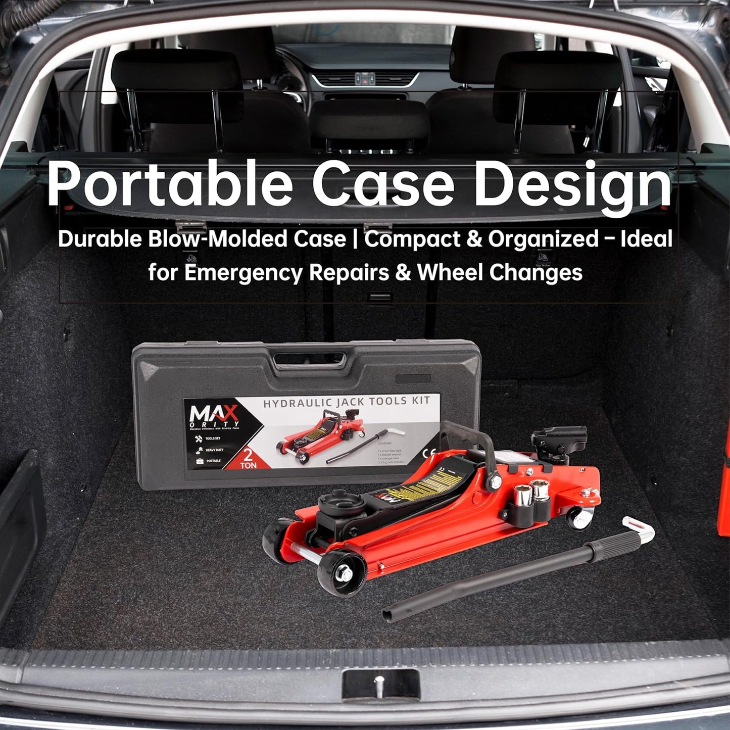 2-Ton (4400 lbs) Hydraulic Low Profile Trolley Garage Service/Floor Jack with Blow Mold Carrying Storage Case and Universal Tire Tool Kit with Lug Wrench for Home and Workshop Vehicle Maintenance