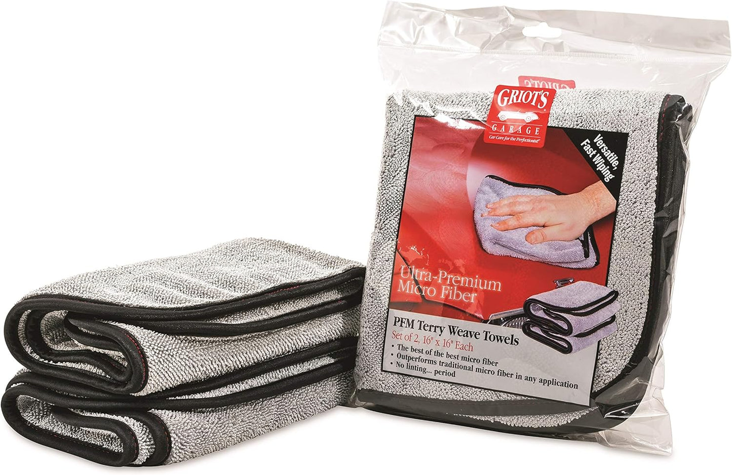 Griot's Garage PFM Terry Weave Microfiber Towel for Car Cleaning, Drying and Polishing, Vehicle Detailing, Scratch-Free, 16” x 16”, Set of 2, 55586