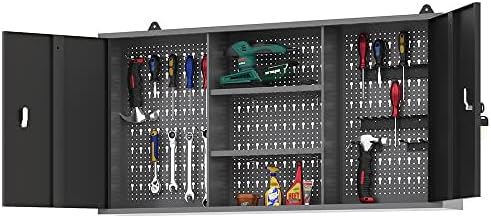 JZD Steel Wall Mount Storage Cabinet System with 22 Tool Hooks, for Garage Workshop Black & Grey