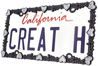 Creathome 3D Shining Daisy Heart License Plate Frame from Pure Zinc Alloy Metal Perfect Plate Holder, Matt Black with Silver Glitter Luminously Heart