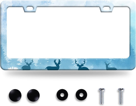 Deer License Plate Deer Forest License Plate Stainless Steel Parts Funny License Plate Decorative with Screws Size 12.3" x 6.3" for Women Men