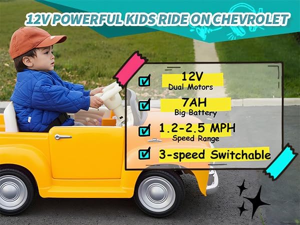 Joywhale 12V Kids Ride on Car Licensed Chevrolet 3100 Pickup Battery Powered Motorized Electric Car with 7AH Big Battery 2.4G Remote Control 3-Speeds Storage Space Music Retro Style, Yellow