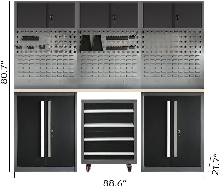 JZD Garage Tool Cabinet Set, Included Rolling Chest, for Workshop Basement Utility Room, No Wall Mounting Required
