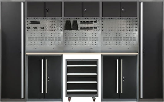 JZD Metal Garage Tool Cabinet System, Tool Organization with Wooden Worktop, for Workshop Auto Repair Shop, Black and Grey