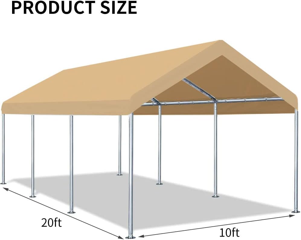 10'x20' Upgraded Carport Replacement Top Canopy Cover for Car Garage Shelter Tent Party Tent with Ball Bungees Beige (Only Top Cover, Frame is not Included)