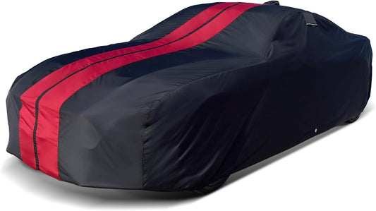 iCarCover Custom Car Cover for Pontiac Parisienne 2-Door (1971-1976) Waterproof All-Weather Rain Snow UV Sun Protector Full Exterior Indoor Outdoor Car Cover (Stripe - Black/Red)