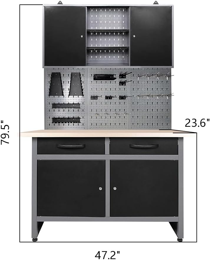 JZD Industrial Steel Garage Storage Cabinet System, Included Pegboard Wall Cabinet Wood Table Top, for Auto Repair Shops, Utility Room