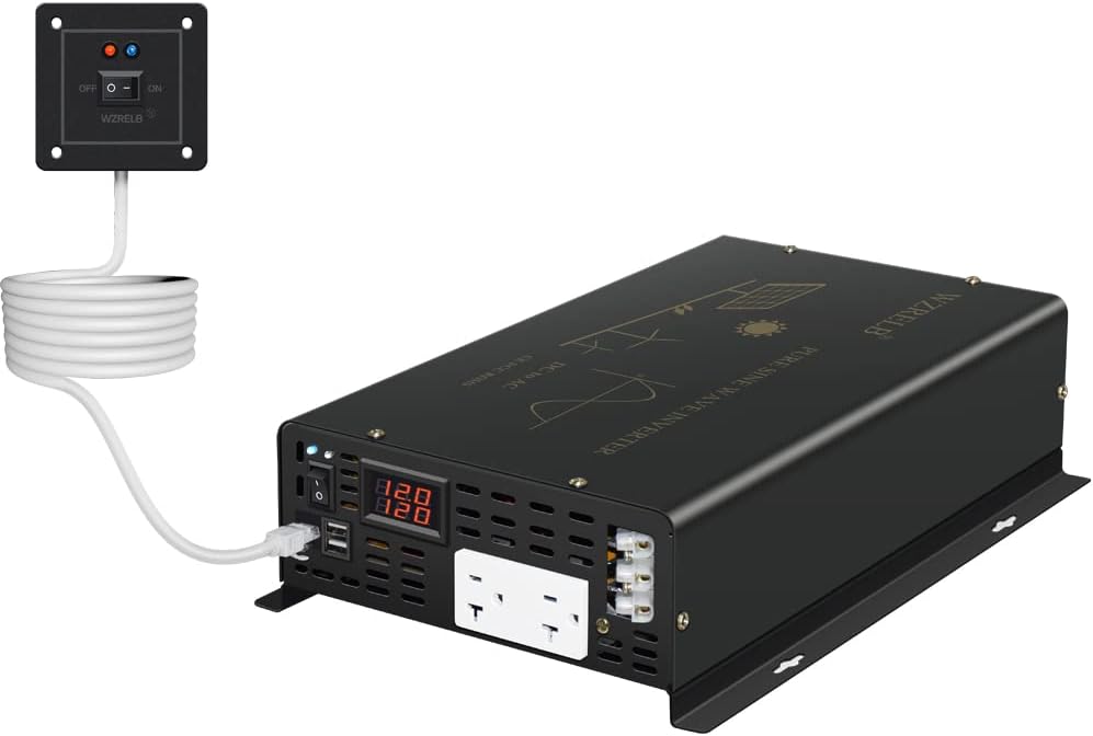 WZRELB Pure Sine Wave Power Inverter 3000W 12VDC to 120VAC 6000W Peak Dual AC Outlets &2× 2.4A USB Port &Hardwire Terminal with 16ft Remote Conrtol Off-Grid Solar Converter RV Trucks (VC300012U5WD-1)