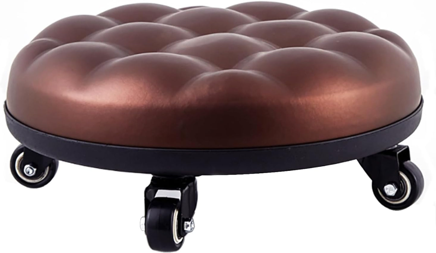 Low Roller Seat 13’’, Brown Swivel Rolling Stool with 5 Rolling Caster Wheels, PU Leather Low Seat Tool Heavy Duty for Home and Office, Modern Comfortable Wheel Stool Chair Low Height, 1Pcs