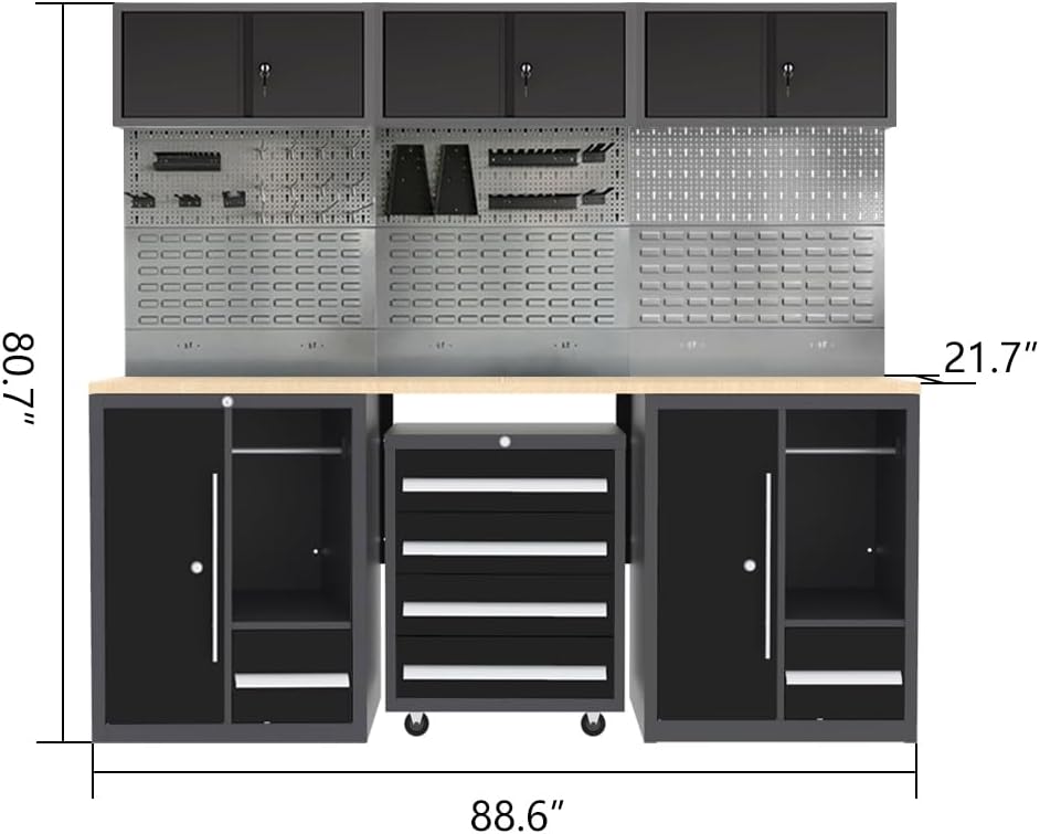 JZD Metal Garage Cabinet Set, Heavy Duty Tools Organization System, Included Rolling Chest, for Basement Factory, No Wall Mounting Needed