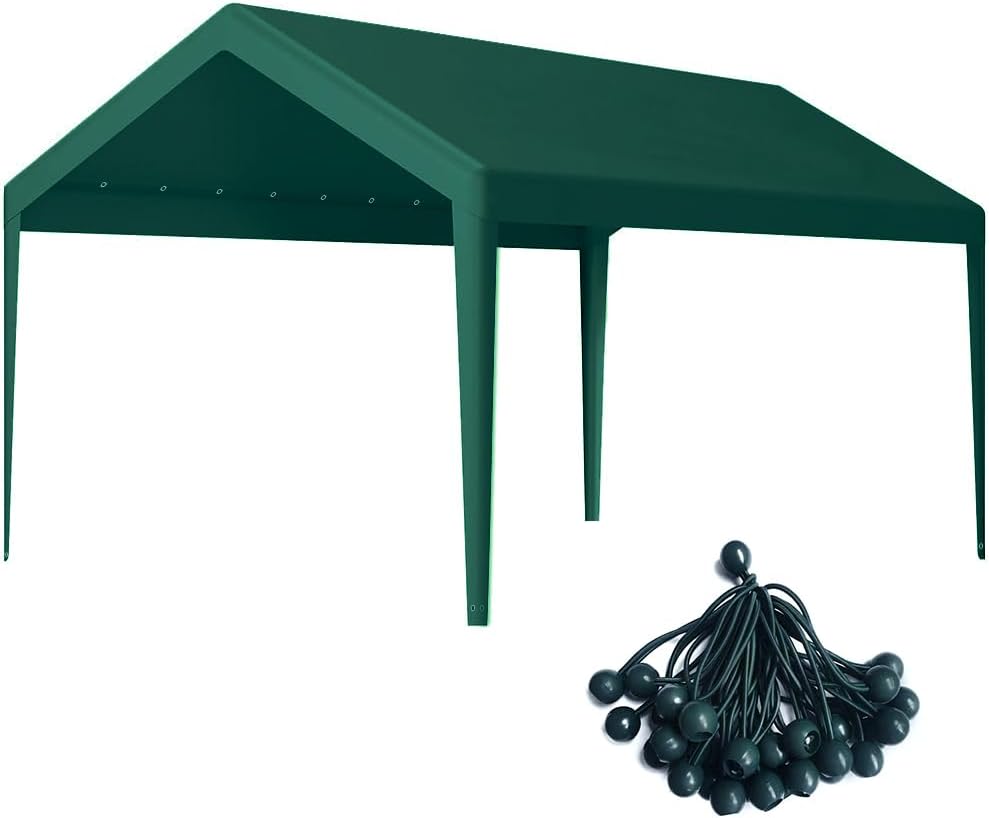 Rutile 10 x 20 FT Carport Replacement Cover, Heavy Duty Car Tarp Canopy Tent Garage Top Shelter With Fabric Leg Pole Skirts and Ball Bungees - Green (Only Top Cover, Frame Not Included)