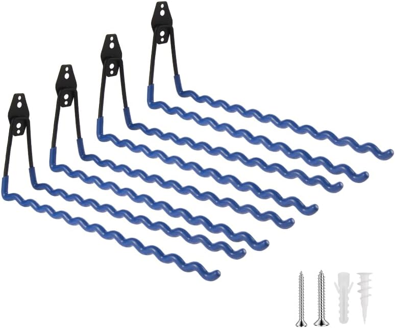 Wall Mounted Garage Hooks Tool Organizer, 14 Inch Garage Storage Hook Heavy Duty Utility Wall Hangers Blue for Ladders, Hose, Garden Tools, Set of 4