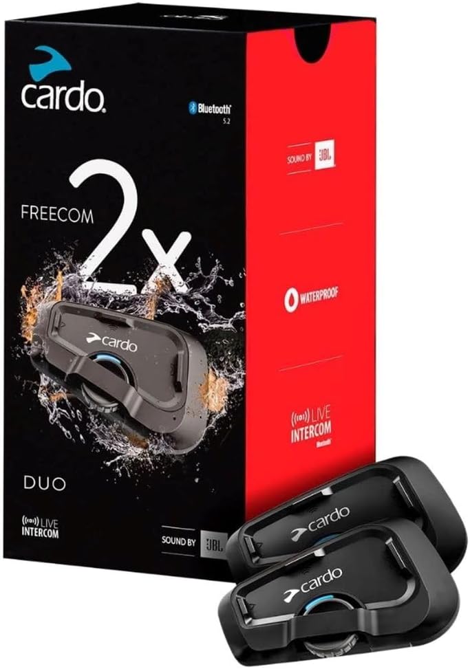 Cardo Systems FREECOM 2X Motorcycle 2-Way Helmet Bluetooth Communication System Headset Intercom, Universal Bluetooth Connectivity, Waterproof, 40mm Speakers - Dual Pack