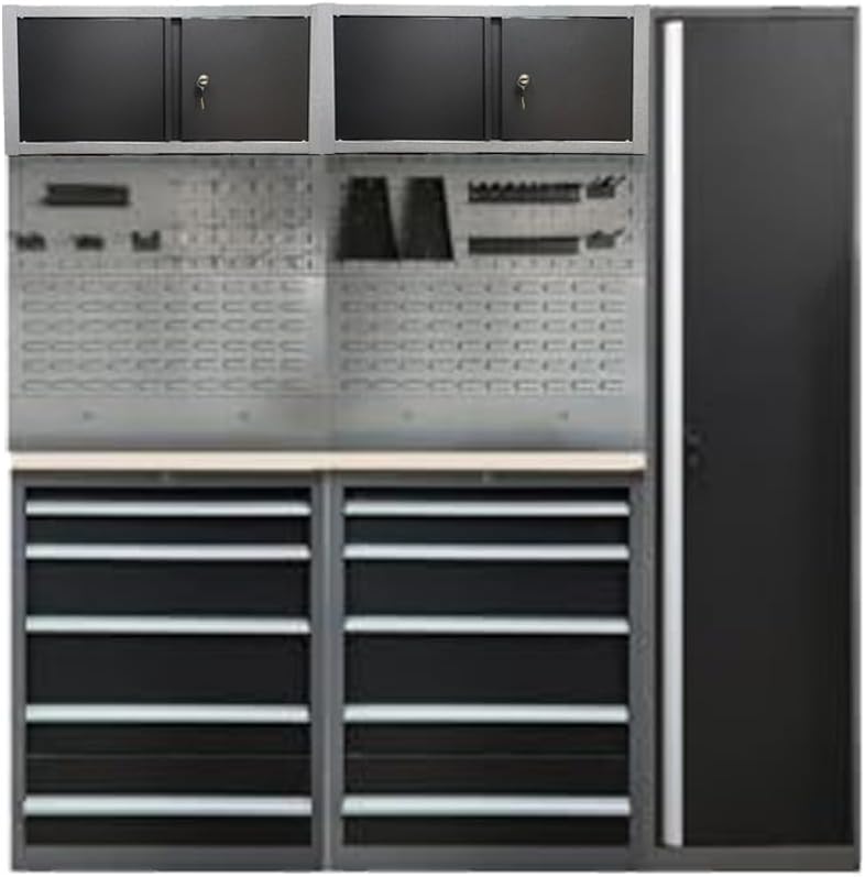 JZD Steel Garage Cabinet System, Tool Organization with Wooden Worktop, for Auto Repair Shop Basement Factory