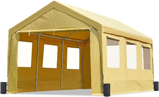 ADVANCE OUTDOOR 10x20 ft Adjustable Height Carport with Removable Window Sidewalls and Doors, Heavy Duty Car Canopy Garage Party Tent Boat Shelter with Reinforced Poles, Beige