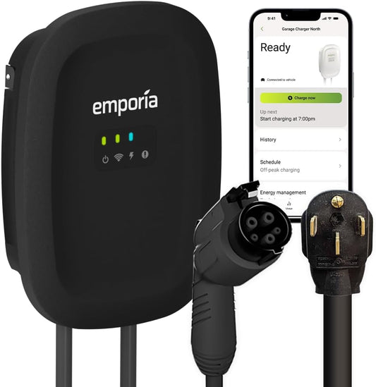 EMPORIA Level 2 EV Charger - NEMA 14-50 EVSE w/ J1772 Charger - 48 amp EV Level 2, 240v WiFi Enabled Electric Vehicle Charging Station, 24ft Electric Cable, Black