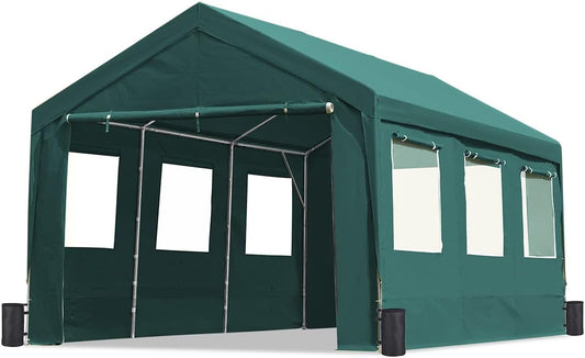 ADVANCE OUTDOOR 12x20 ft Car Canopy Garage Heavy Duty Carport Boat Shelter Party Tent, Adjustable Peak Height from 9.5ft to 11ft, with Removable Window Sidewalls and Doors, Green