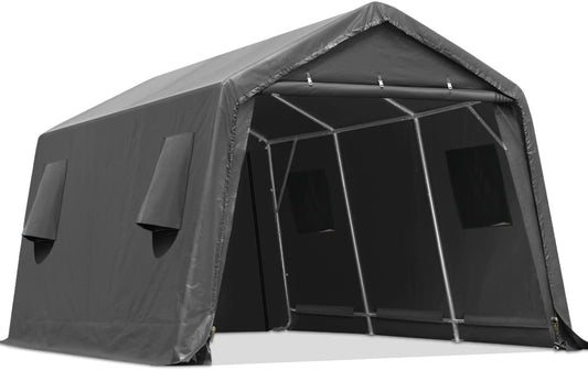 ADVANCE OUTDOOR 10x15 ft Shelter Storage Shed Steel Metal Peak Roof Portable Garage Carport for Motorcycle, Boat or Garden Tools with 2 Roll up Doors & Vents, Gray