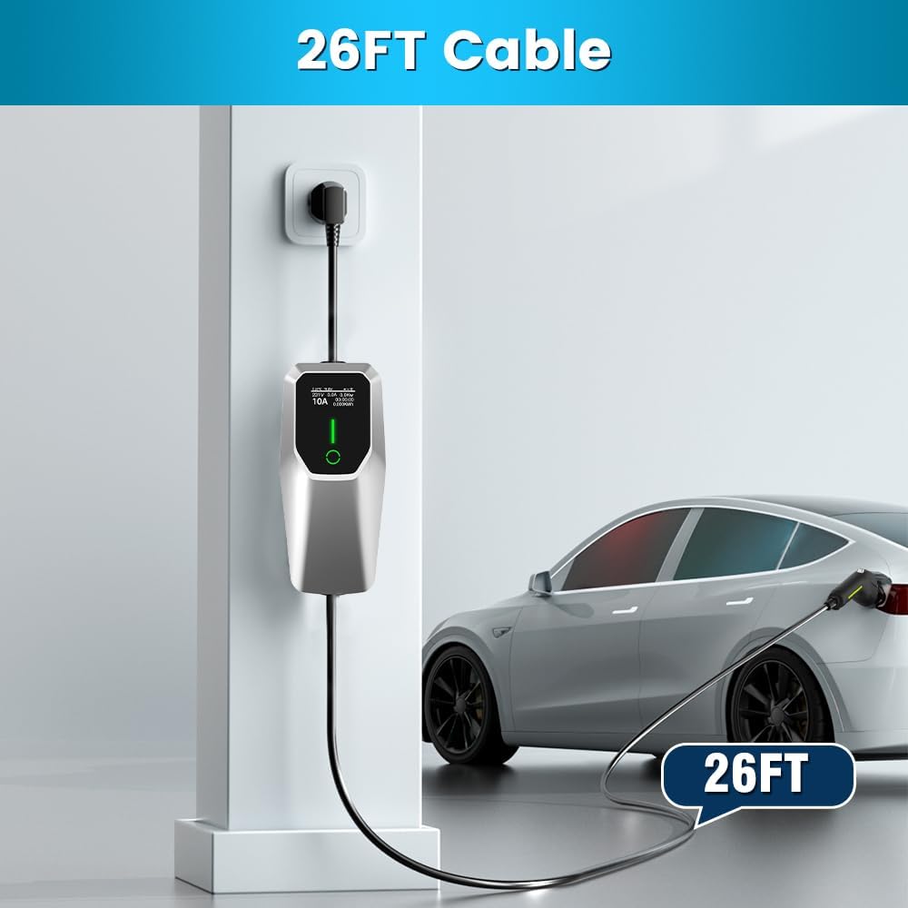 Portable Level 1 and Level 2 EV Charger 240V 32A (7.68kw) with 26ft Charging Cable NEMA 14-50 5-15 for SAE-J1772 Electric Vehicles Charging Station