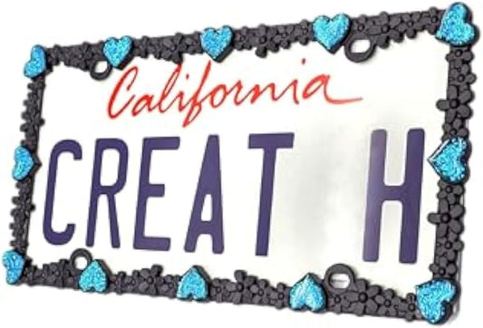 Creathome 3D Shining Daisy Heart License Plate Frame from Pure Zinc Alloy Metal Perfect Plate Holder, Matt Black with Blue Glitter, Luminously Heart