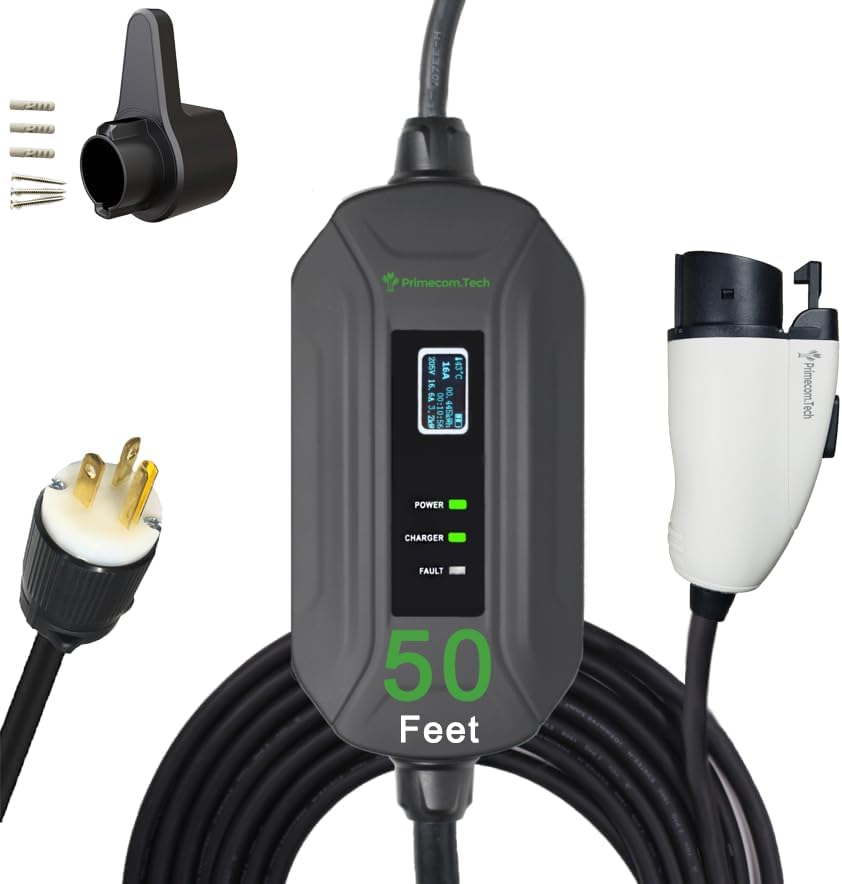 PRIMECOM Level 2 EV Charger 220/240V, 16A, 30ft & 50ft, Portable EVSE Electric Vehicle Charging Cable Compatible with Bolt Volt Leaf BMW i3 Fiat 500e Clarity NIRO Prius (6-20P, 50 Feet)