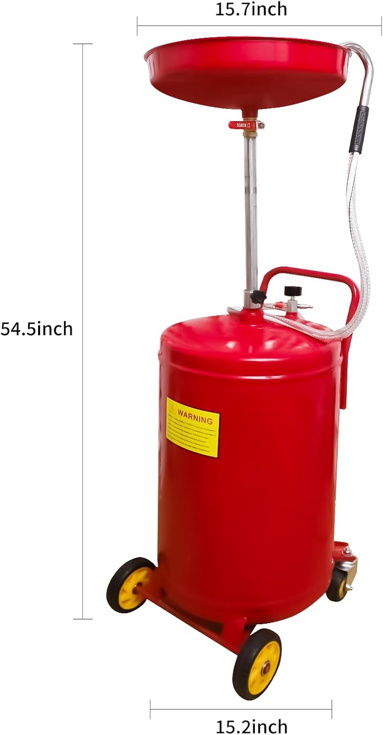 PONO 20-Gallon Air Operated Waste Oil Drain Tank with Wheels, Portable Industrial Fluid Drainage System - Adjustable Funnel Height for Auto Shops, Farm Equipment & Garage Use (Red)
