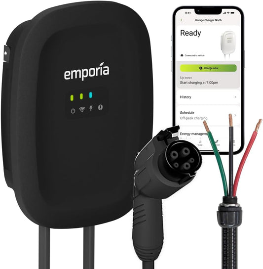 EMPORIA Level 2 EV Charger w/ J1772 Charger, 48 amp, Preconfigured for Hardwired Install with Whip, UL/Energy Star WiFi Enabled EVSE Level 2, 25ft Cable (Black)