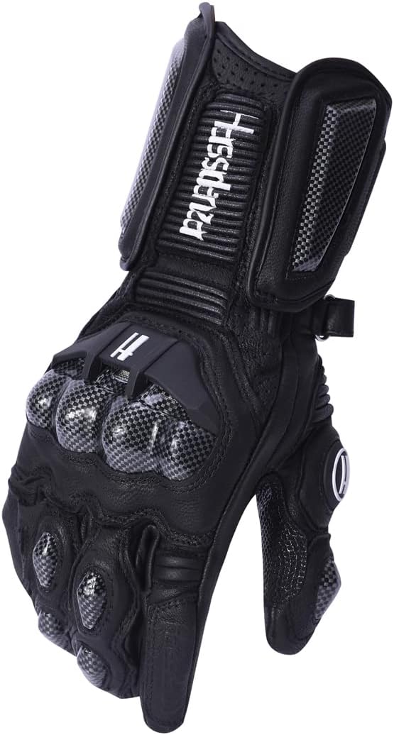 Harssidanzar Leather Motorcycle Gloves for Men and Women,Powersports Carbon Fiber Knuckle Protection Motorbike Gloves KM045