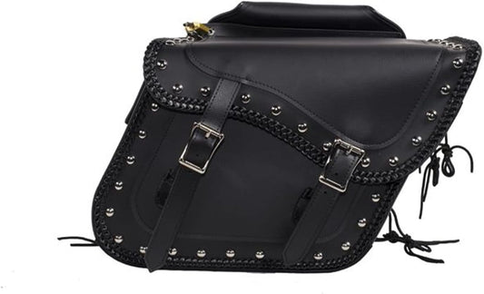 Synthetic Leather Motorcycle Luggage Bag - Waterproof Throw Over Saddlebags For Motorcycles - Softails, Sportsters, Choppers, Dyna, V-star, Shadow (With Studs, Black, 13'x13'x10')