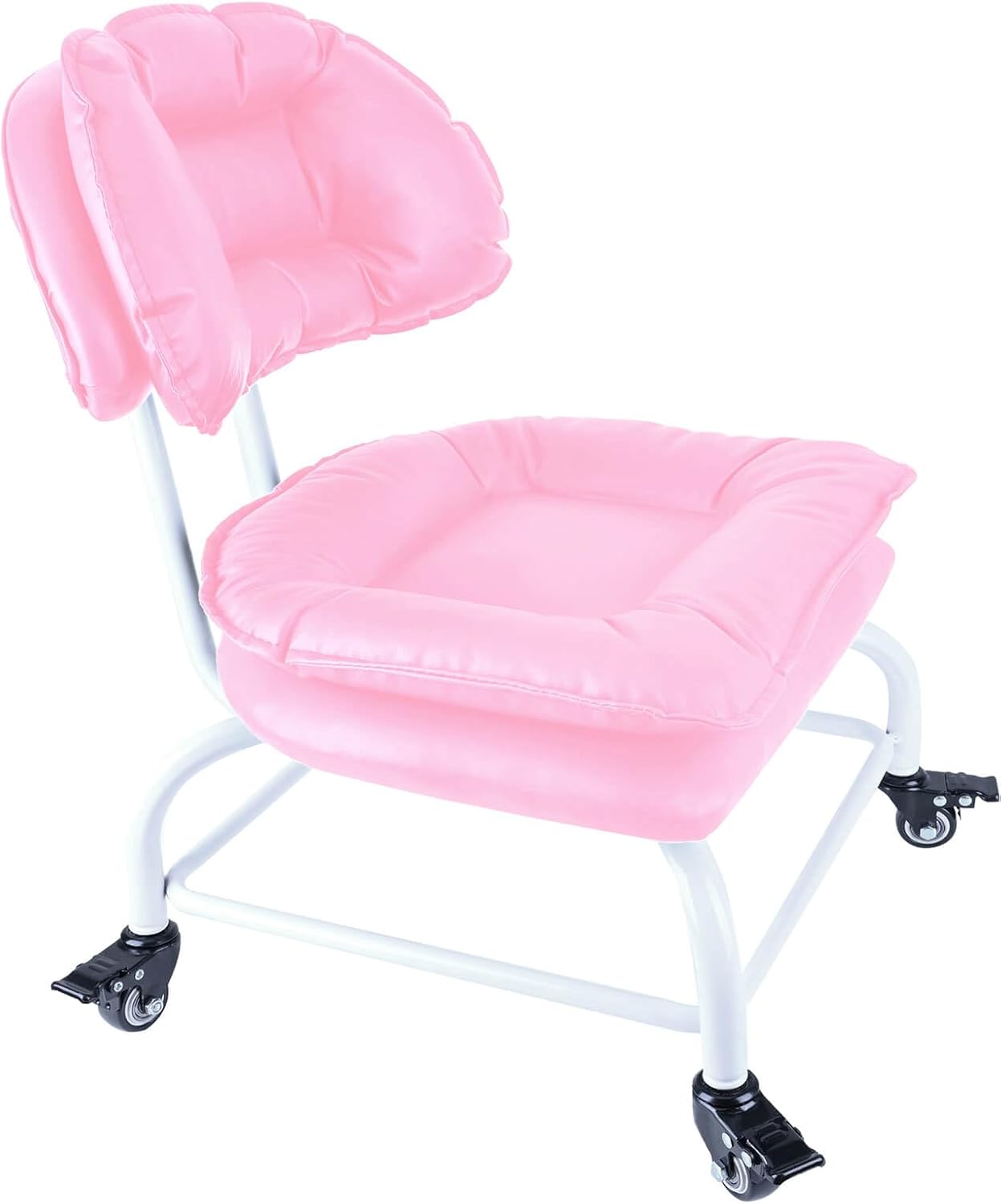 Rolling Stool Wide Seat with Back Rolling Chair 4 Wheels with Brakes for Home Office Garage Shop Waterproof Roller Seat Durable Steel Stand Pink