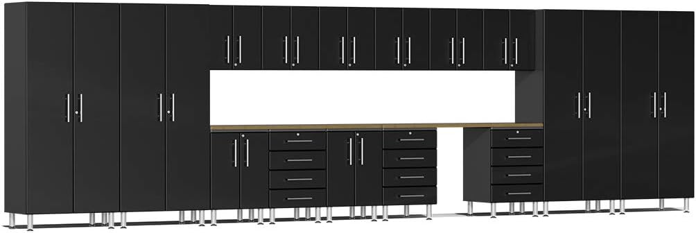 Ulti-MATE UG22172B 17-Piece Garage Cabinet Kit with Bamboo Worktop in Midnight Black Metallic