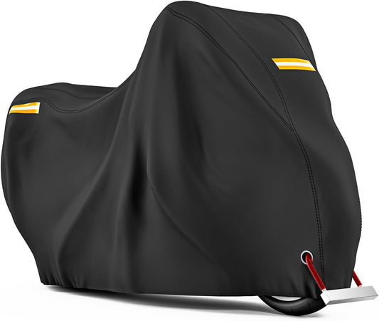 210D Motorcycle Cover All Season Waterproof Breathable Sun Outdoor Protection Three Reflective Tape with Lock-Holes & Storage Bag Bike Scooter Cover Universal (Black, 96.6''*41''*50'')
