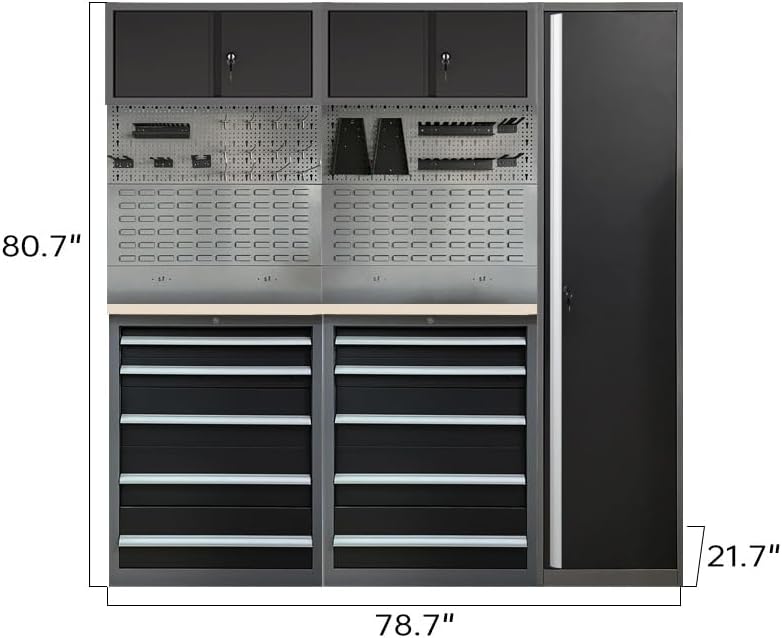 JZD Steel Garage Cabinet System, Tool Organization with Wooden Worktop, for Auto Repair Shop Basement Factory