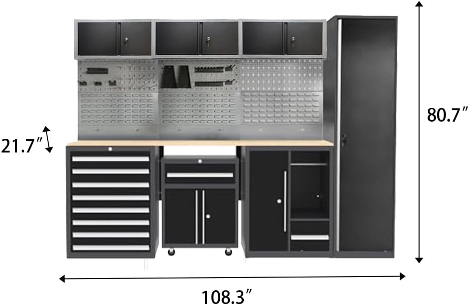 JZD Garage Storage Cabinet System Workbench Set Workshop with Drawers and Doors, No Wall Mounting Required, for Basement Automotive Repair Shop