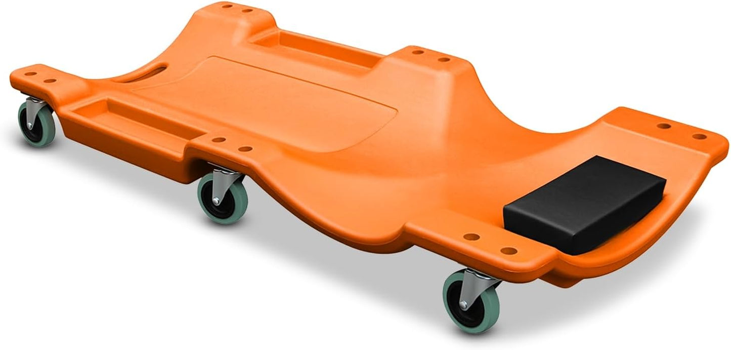 Auto Dynasty 40 Inches Mechanic Creeper, Automotive Garage Repair Low Profile Under Car Rolling Creeper with Padded Headrest, Plastic, Orange