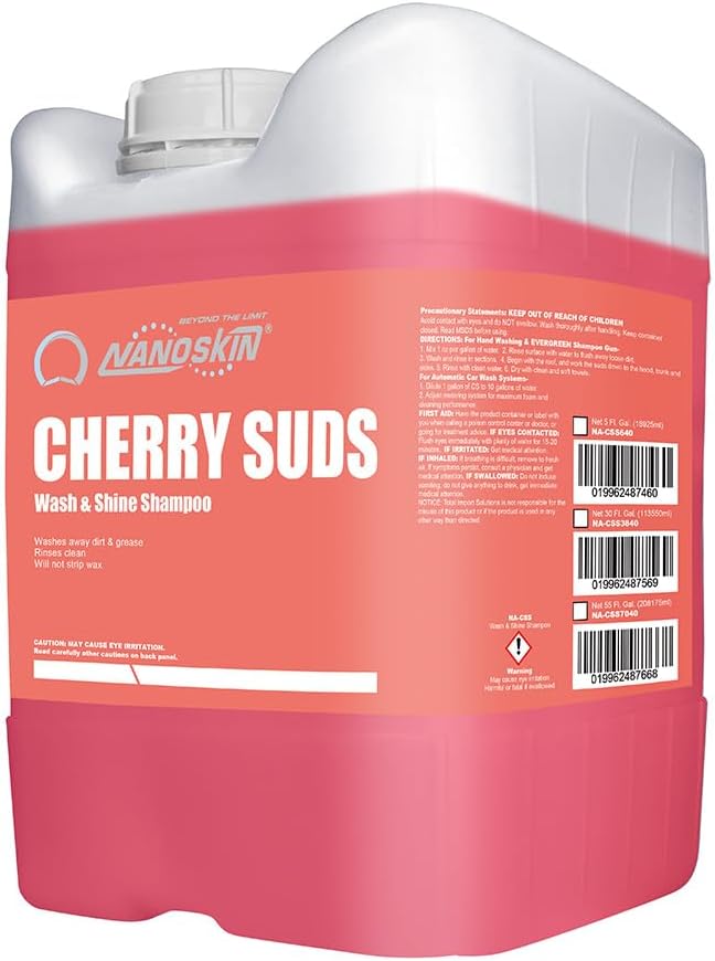 Nanoskin CHERRY SUDS Foaming Car Wash Concentrated Shampoo 5 Gallons for Foam Cannons, Foam Guns, Bucket Washes | Pressure Washer Safe, Cherry-Scented Soap | Ideal for Cars, Trucks, Motorcycles, RVs