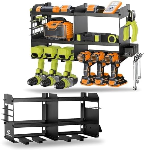GRG Tools Heavy-Duty Power Tool Organizer – Wall Mounted Drill Rack for 6 Cordless Drills, Garage & Workshop Tool Storage Shelf with Screws & Bolts Side Box, 300LBS Load Capacity, Sturdy Metal Design